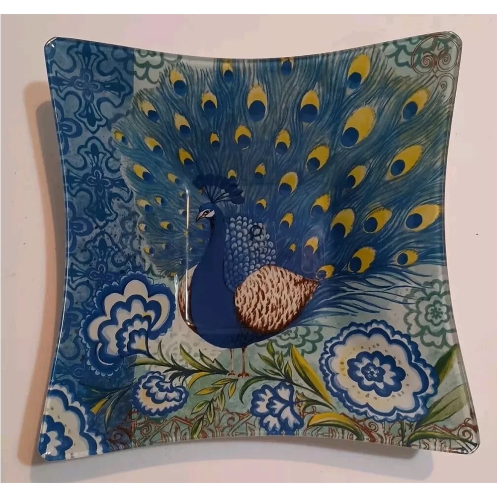Blue and Yellow Glass Peacock Art Candy/Trinket Plate Set of 2